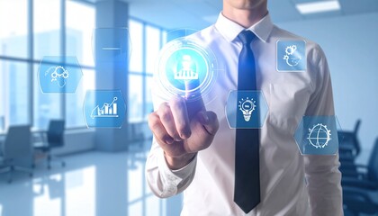 Professional businessman using innovative technology in modern office to drive growth and create new ideas for success in a globalized world