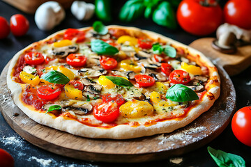 Homemade pizza baking, showcasing fresh vegetables, mushrooms, cherry tomatoes, and basil on a rustic wooden board, a healthy meal