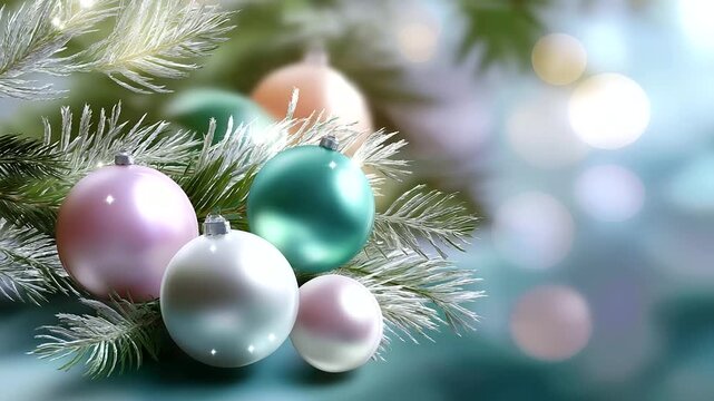 Defocused seamless pastel vector pattern of soft Christmas ornaments and blurred fir branches creating gentle bokeh effect, cozy winter tone, with copy space.