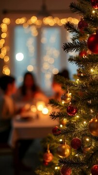 Christmas tree with festive lights in a warm home interior and blurred family having dinner in the background on christmas eve vertical video with copy space for text. 