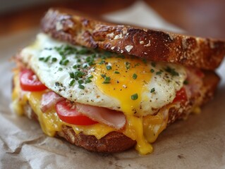 Gourmet Breakfast Sandwich with Runny Egg, Ham, and Melted Cheese
