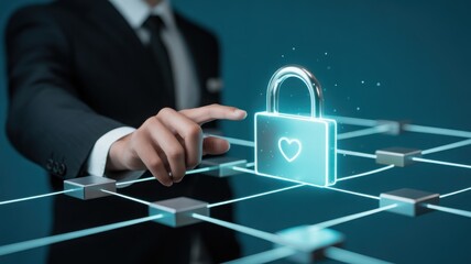 Cybersecurity concept of a hand protecting a digital padlock