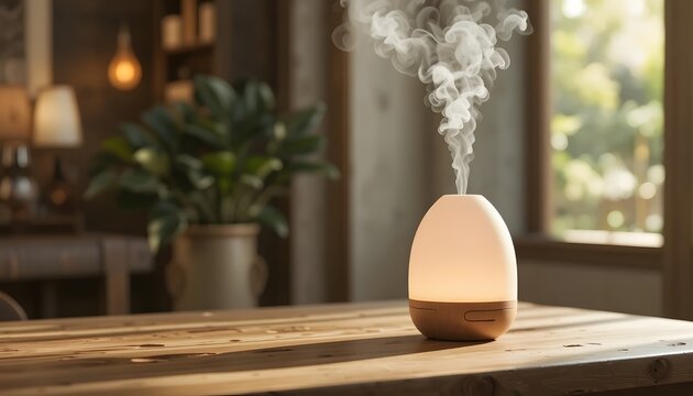 Create a calming atmosphere with a modern aromatherapy diffuser for a peaceful home, promoting wellness and relaxation in a naturally lit space