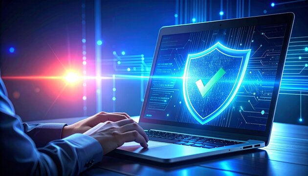 Cybersecurity professional working on laptop with digital shield and checkmark for secure data, emphasizing online protection and network safety solutions