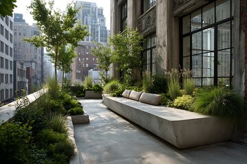 Elegant Urban Terrace with Long Concrete Bench, Architectural Windows, and Lush Greenery.