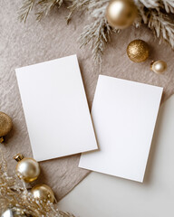 Two blank cards on a neutral linen background with golden Christmas ornaments and frosted winter branches