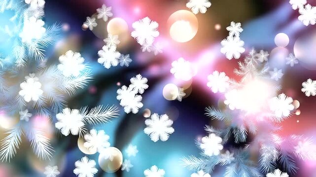 Defocused pastel pattern with glowing orbs, snowflakes, and stylized tree shapes, abstract vector concept of winter light, with copy space.