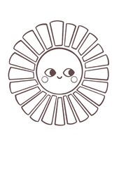 Minimalist illustration of a cute smiling sun with rays. Kawaii line art design perfect for coloring pages, coloring books, kids prints, nursery wall art, or positive decor