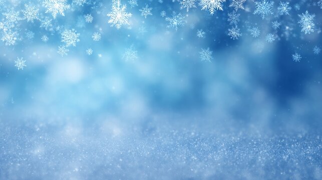 An ethereal winter backdrop filled with softly falling snowflakes against a serene blue gradient.