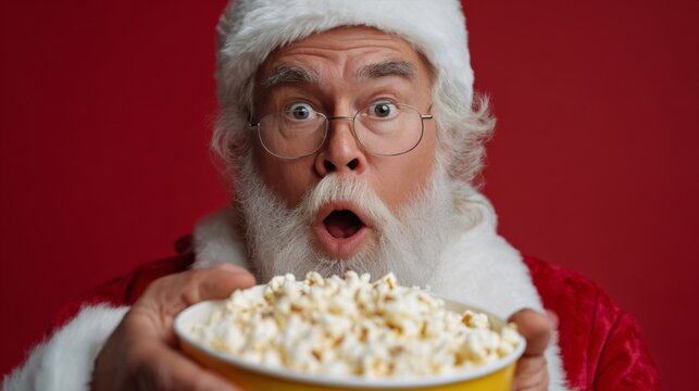 Surprised Santa, a joyful older Caucasian man in festive attire, holding a bowl of popcorn against a vibrant red background.