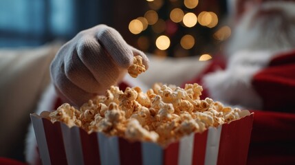 A close-up of a gloved hand reaching for popcorn, set against a festive holiday backdrop with twinkling lights.
