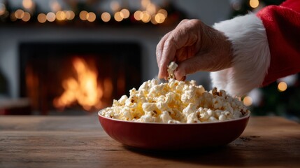 A festive hand, adorned with a Santa suit sleeve, reaches into a bowl of popcorn by a cozy fireplace.