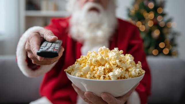 Festive Santa Claus offers popcorn while holding a remote control, ready for a cozy movie night during the holiday season.