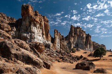 Arid Landscape with Orange and White Rock Walls under a Deep Blue Sky.