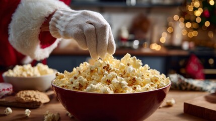 A close-up of a gloved hand reaching into a large bowl of popcorn, evoking a festive holiday spirit.