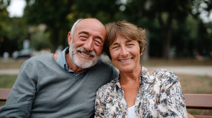 Cheerful elderly couple sitting together on a park bench, enjoying a moment of happiness in nature.