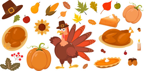 Thanksgiving Icon Set &ndash; Cartoon Turkey, Harvest Food, Autumn Leaves and Festive Elements on Transparent Background for Seasonal Design and Holiday Projects