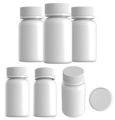 Blank White Plastic Pill Bottles Set for Medicine and Supplements on White Background