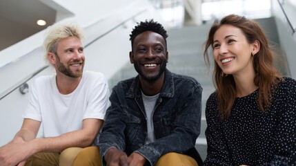 Three diverse friends (Caucasian male, Black male, Asian female) sharing laughter and joy while seated on stairs indoors.