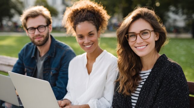 A diverse group of young adults engaging with laptops in an outdoor setting, showcasing collaboration and creativity. - Powered by Adobe