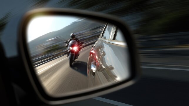 Side mirror reflecting fast-approaching motorcycle in blind spot &mdash; driving hazard concept