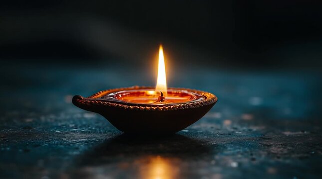 A close up of a diya lamp with a bright flame sitting on a dark reflective surface in dim lighting