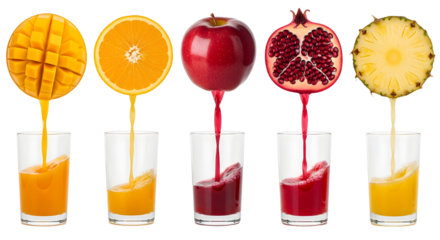 Fresh fruit juice splash set Colorful fruit juices splashing into glasses featuring mango apple pomegranate and pineapple for beverage themes