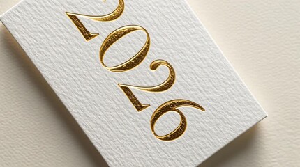 Close up of white card with embossed golden year two thousand twenty six on textured paper surface - Powered by Adobe