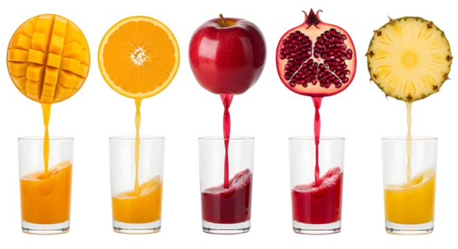 Fresh fruit juice splash set Colorful fruit juices splashing into glasses featuring mango apple pomegranate and pineapple for beverage themes