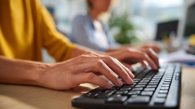 Close-up of a person's hands typing on a keyboard, creating a focused workspace ambiance with soft lighting.