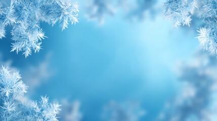 Delicate snowflakes frame a serene blue background, creating a tranquil winter atmosphere.