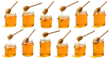 Assorted honey jars collection Different sizes and styles of honey jars with dipper sticks suitable for product display