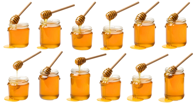 Assorted honey jars collection Different sizes and styles of honey jars with dipper sticks suitable for product display