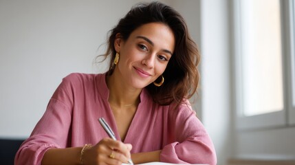 Concentrated young woman of Latin descent writing in a notebook, exuding creativity and dedication in a bright, airy workspace.