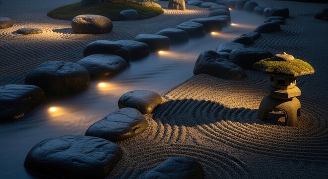 Zen garden path illuminated by soft lights at dusk