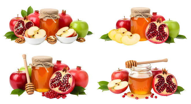 A collection of honey, apples, and pomegranates, symbolizing a sweet New Year. Traditional Rosh Hashanah holiday food set isolated on white
