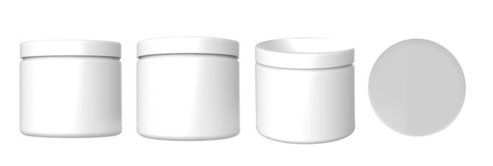 Blank White Plastic Jars and Containers. Product Packaging Mockup Set for Cosmetics, Supplements, Food.