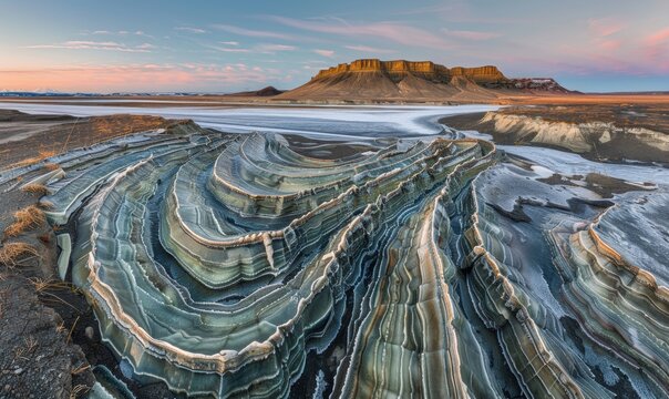 Striking landscape with layered rock formation at sunset scenery
