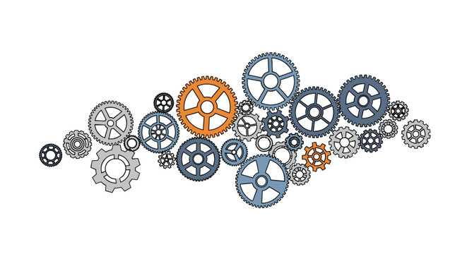 Interlocking gears and cogs creating a complex mechanical system isolated on white background