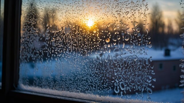 Frozen window pane with sunrise view - Powered by Adobe