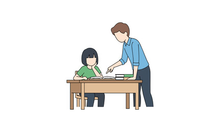 Teacher helping a student at a desk with books isolated on white background