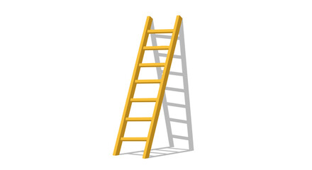 Yellow wooden ladder leaning against a wall casting a shadow isolated on white background
