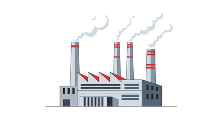 Obraz premium Modern industrial factory with tall chimneys emitting smoke on a clear sky background isolated on white