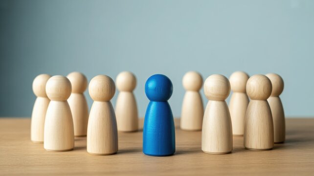 A unique leader figure standing out from a group of ordinary figures on a wooden surface. This signifies leadership and the importance of individuality