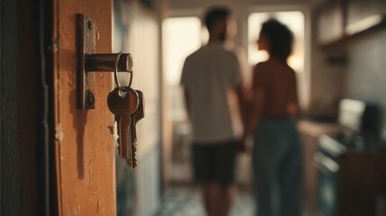Couple Joyfully Moving Into Their New Apartment With Keys Hanging in the Lock, Creating a Warm and Emotional Moment