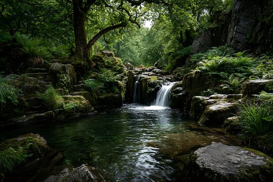 Dark and Secluded Forest Grotto with Hidden Waterfall and Clear Natural Pool.
