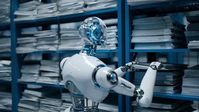 Medium shot of a futuristic robot using sensors to identify and arrange files in an organized archive room emphasizing automation in document handling.