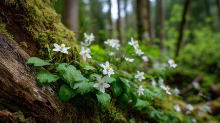 White flowers pop up amongst lush green leaves and moss near a log in a tranquil forest.