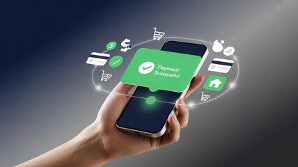 Smartphone with a payment successful notification held in hand. Surrounding icons are floating to indicate the process is successful