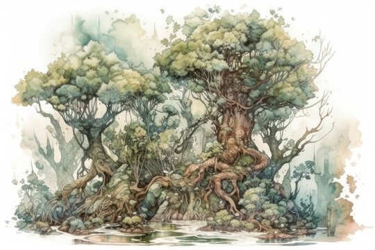 A watercolor fantasy illustration of an ancient forest with massive intertwined roots, old spreading trees, and a soft, misty atmosphere. 